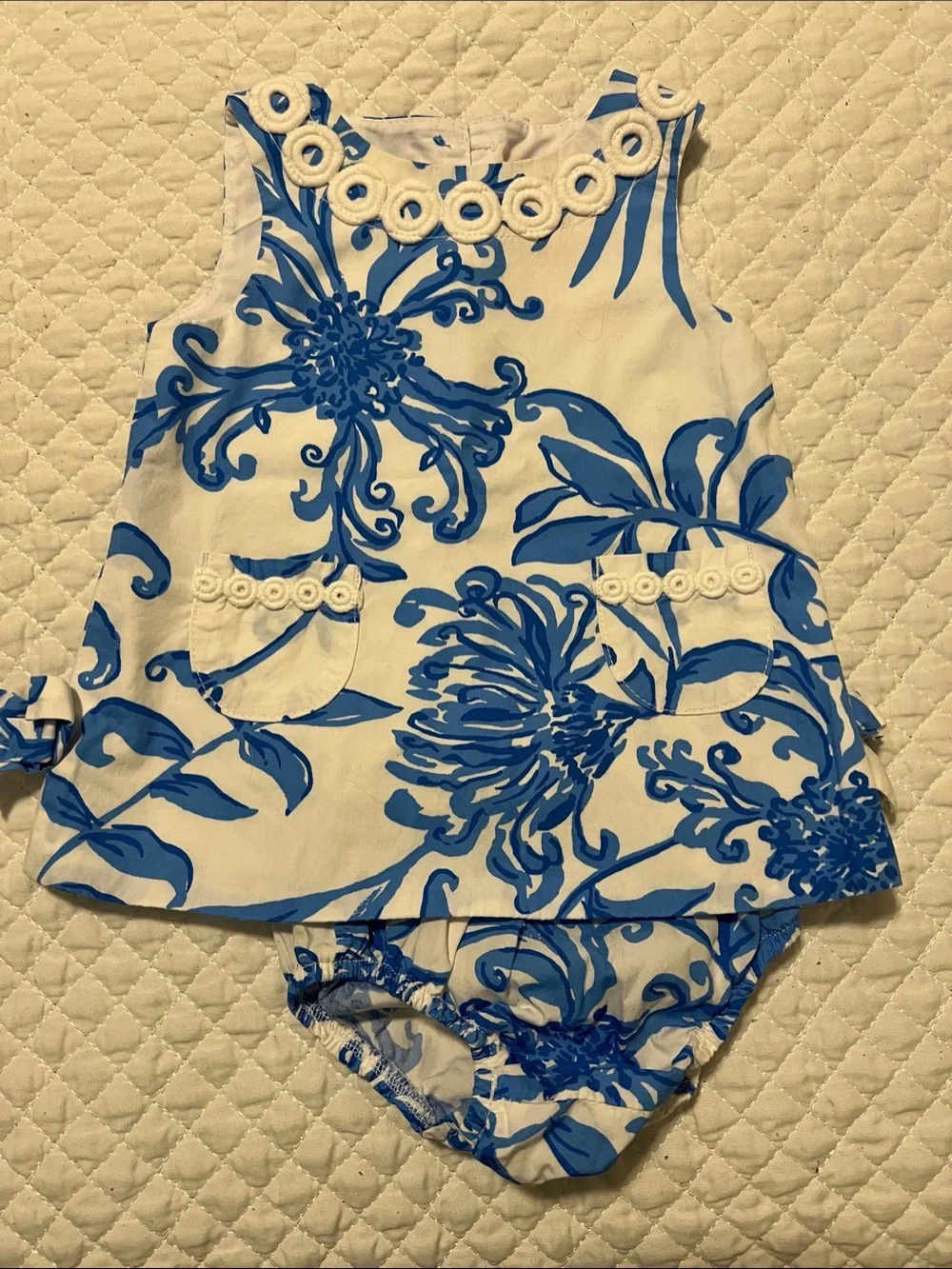 Lilly Pulitzer White & Blue Floral Baby Shift with Bloomers